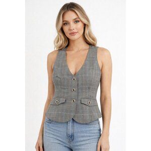 Garage Vintage Womens Plaid Checker Gray Vest Waistcoat Sz M Y2K Tailored